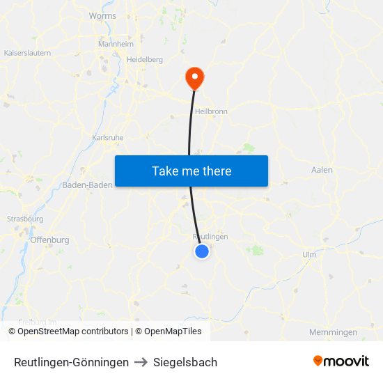 Reutlingen-Gönningen to Siegelsbach map