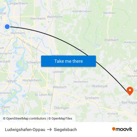 Ludwigshafen-Oppau to Siegelsbach map