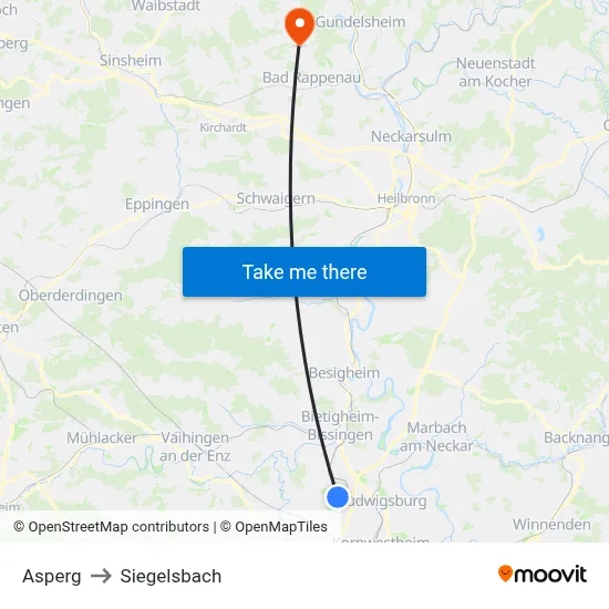 Asperg to Siegelsbach map
