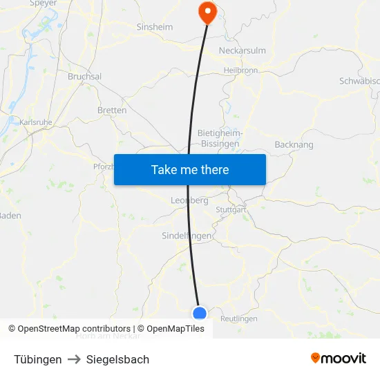 Tübingen to Siegelsbach map