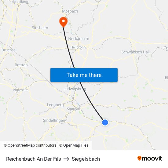 Reichenbach An Der Fils to Siegelsbach map