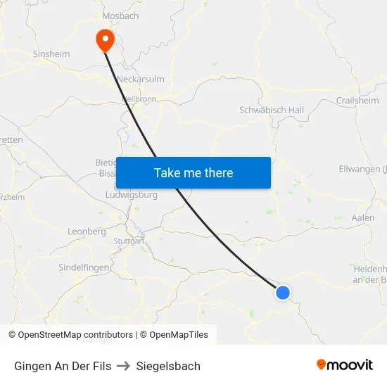 Gingen An Der Fils to Siegelsbach map