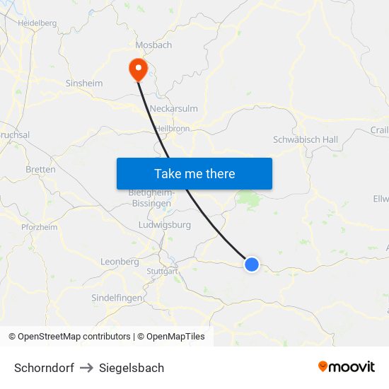 Schorndorf to Siegelsbach map