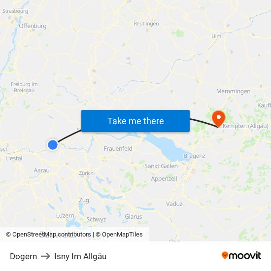 Dogern to Isny Im Allgäu map