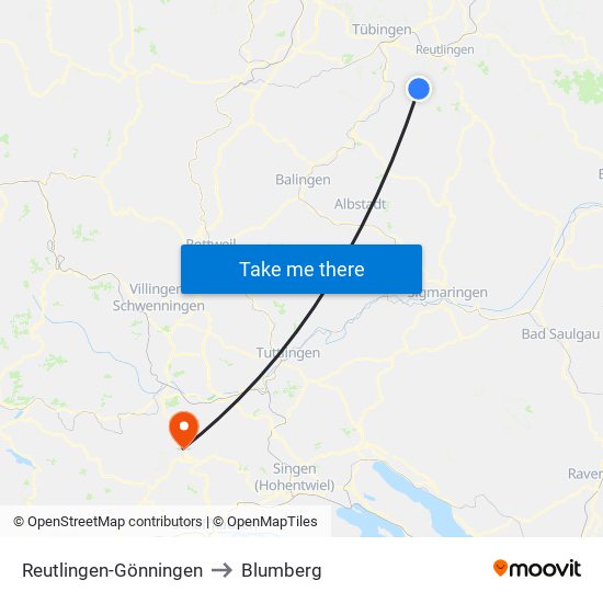 Reutlingen-Gönningen to Blumberg map