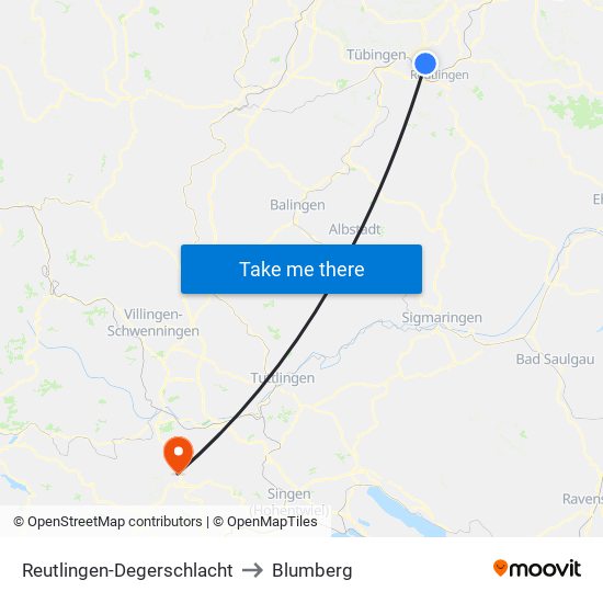Reutlingen-Degerschlacht to Blumberg map