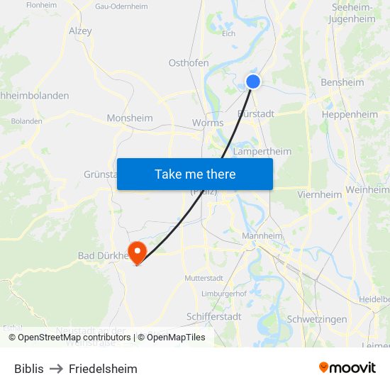 Biblis to Friedelsheim map