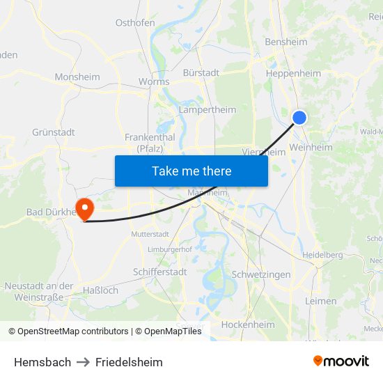 Hemsbach to Friedelsheim map