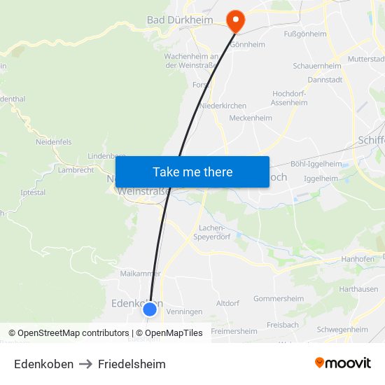 Edenkoben to Friedelsheim map