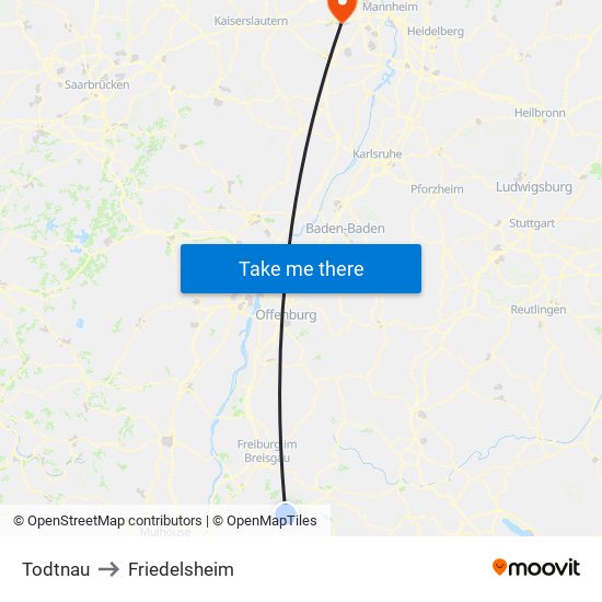 Todtnau to Friedelsheim map