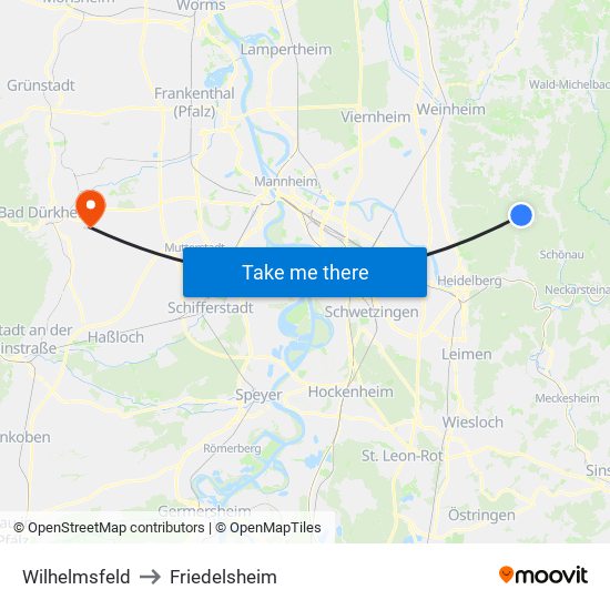 Wilhelmsfeld to Friedelsheim map