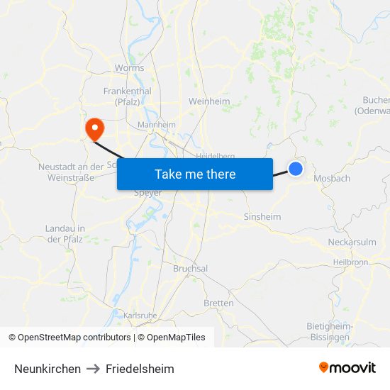 Neunkirchen to Friedelsheim map