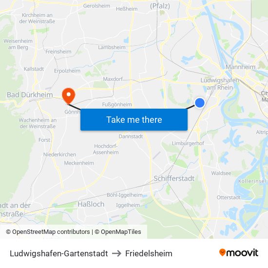 Ludwigshafen-Gartenstadt to Friedelsheim map