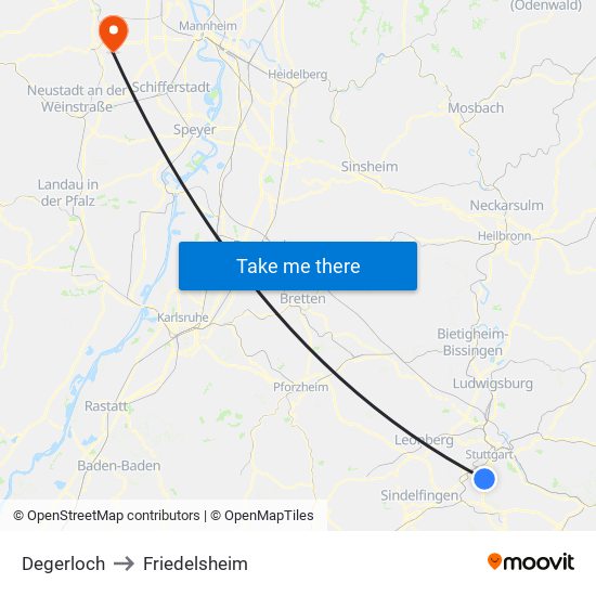 Degerloch to Friedelsheim map