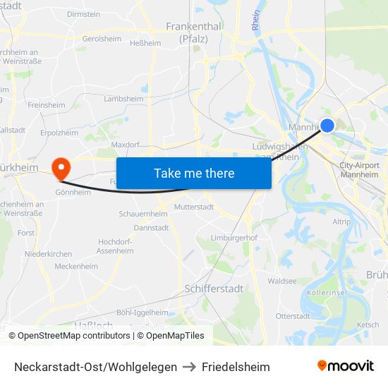 Neckarstadt-Ost/Wohlgelegen to Friedelsheim map