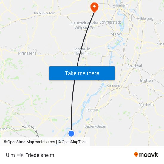 Ulm to Friedelsheim map