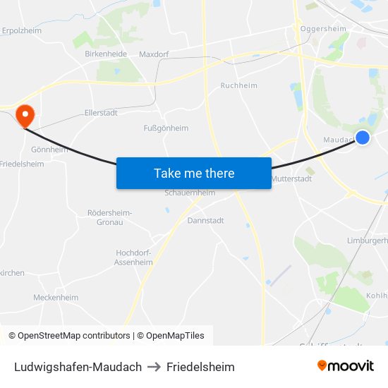 Ludwigshafen-Maudach to Friedelsheim map