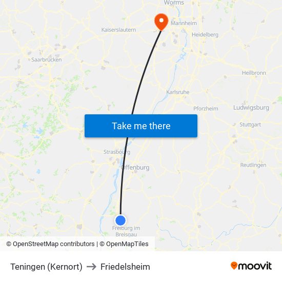 Teningen (Kernort) to Friedelsheim map