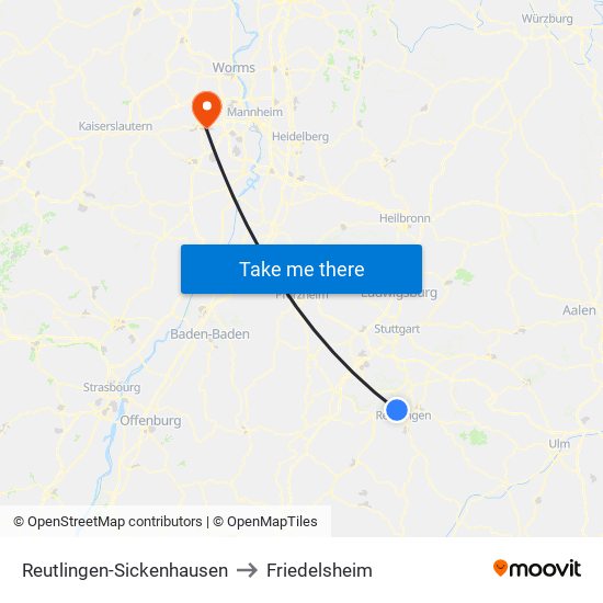 Reutlingen-Sickenhausen to Friedelsheim map