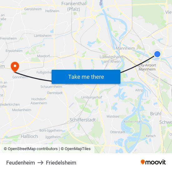 Feudenheim to Friedelsheim map