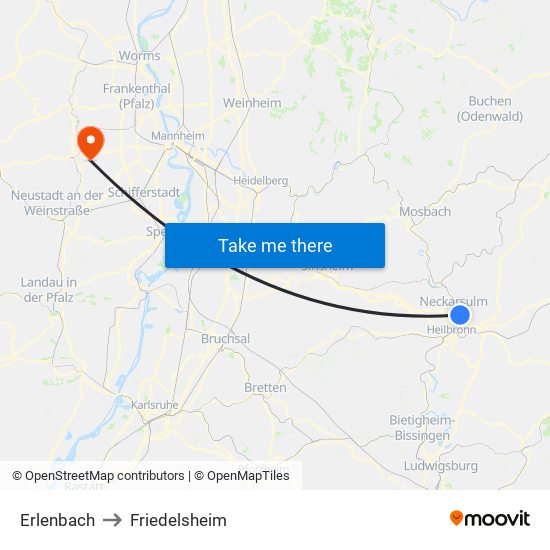 Erlenbach to Friedelsheim map