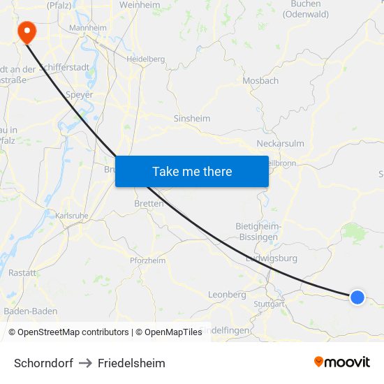 Schorndorf to Friedelsheim map