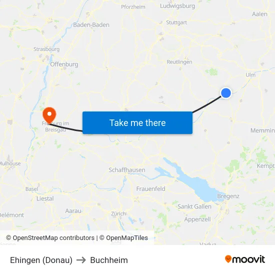 Ehingen (Donau) to Buchheim map