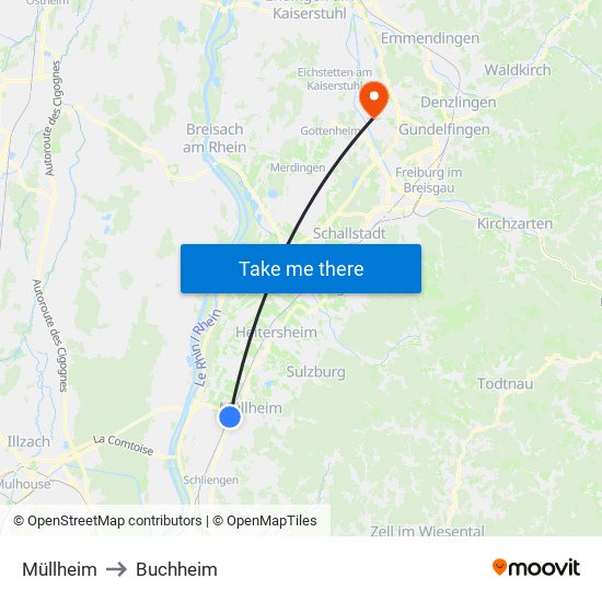 Müllheim to Buchheim map