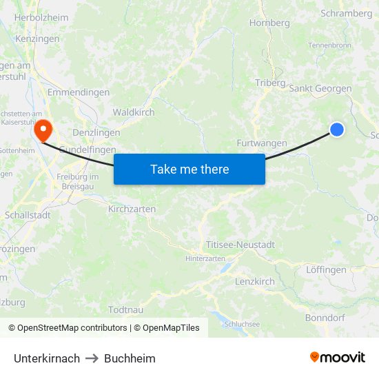 Unterkirnach to Buchheim map