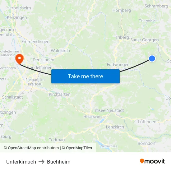 Unterkirnach to Buchheim map