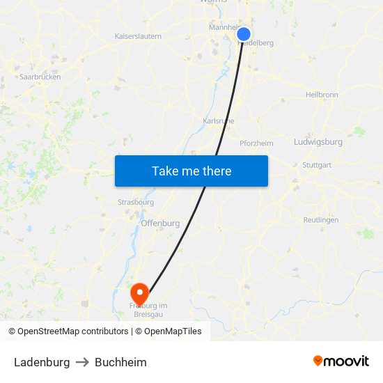 Ladenburg to Buchheim map