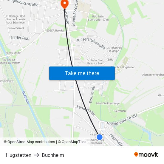 Hugstetten to Buchheim map