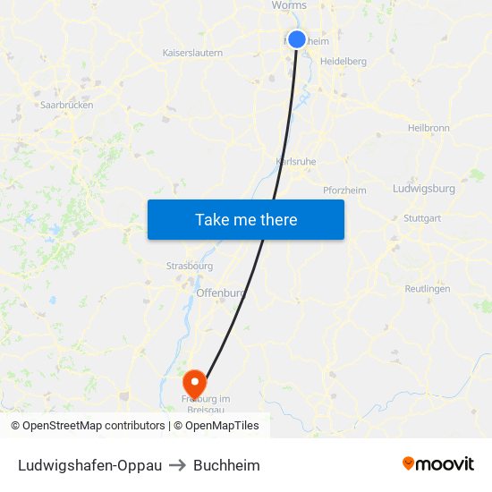 Ludwigshafen-Oppau to Buchheim map