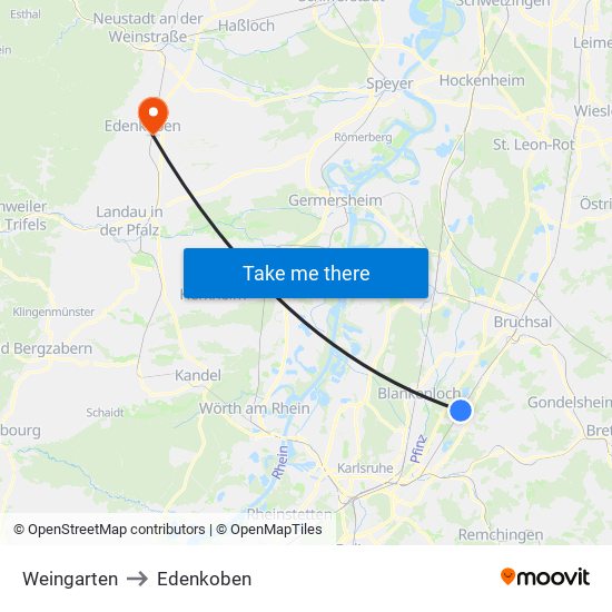 Weingarten to Edenkoben map