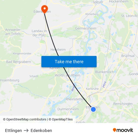 Ettlingen to Edenkoben map