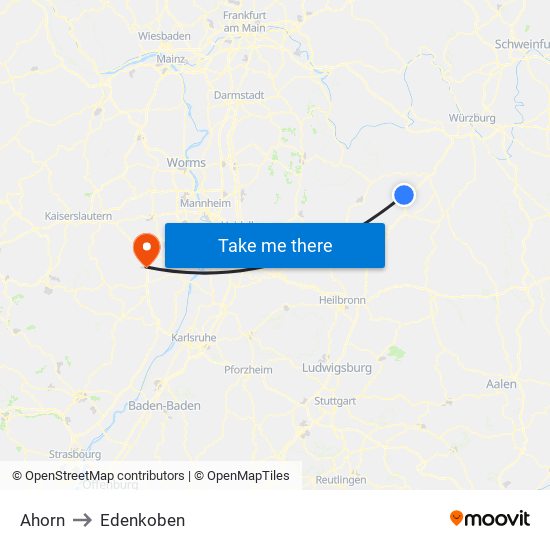 Ahorn to Edenkoben map