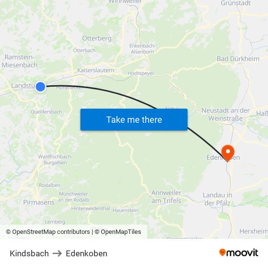 Kindsbach to Edenkoben map