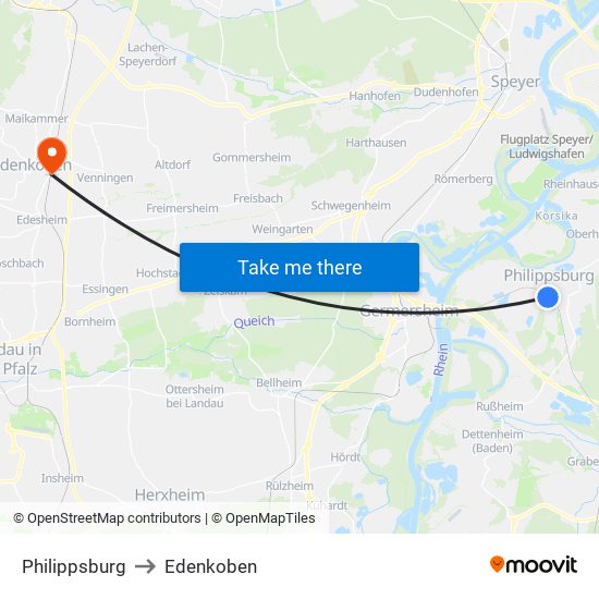 Philippsburg to Edenkoben map