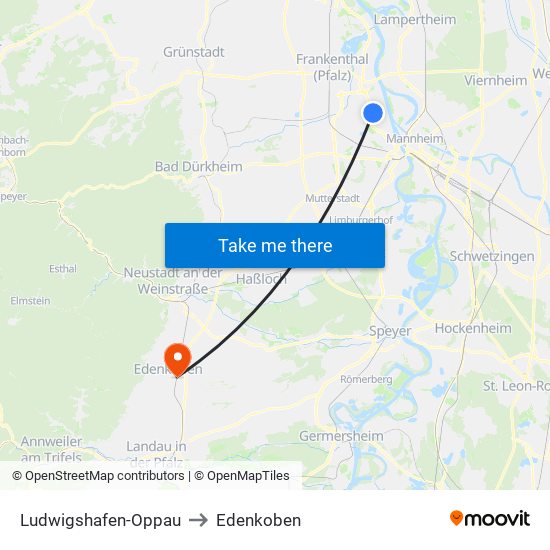 Ludwigshafen-Oppau to Edenkoben map