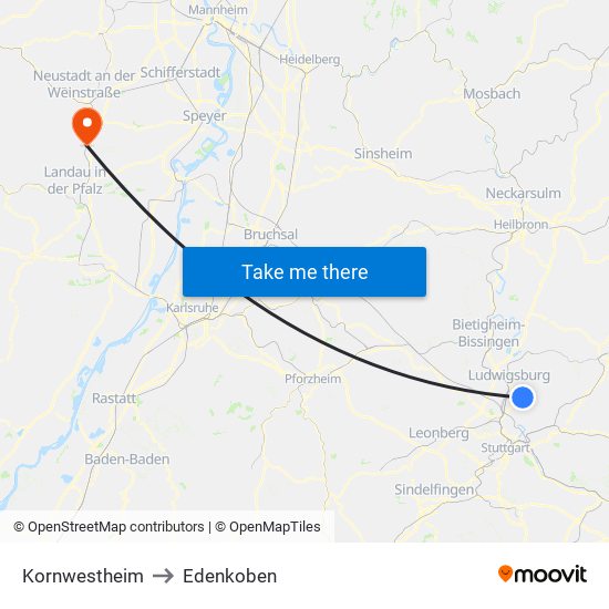 Kornwestheim to Edenkoben map