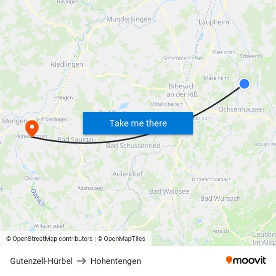 Gutenzell-Hürbel to Hohentengen map