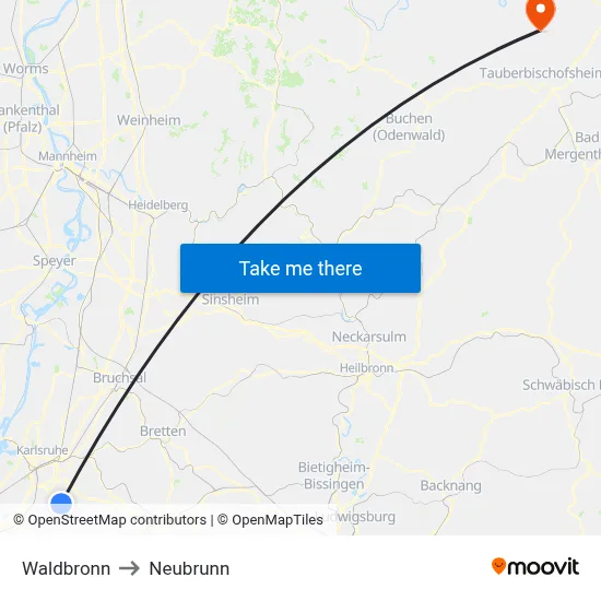 Waldbronn to Neubrunn map