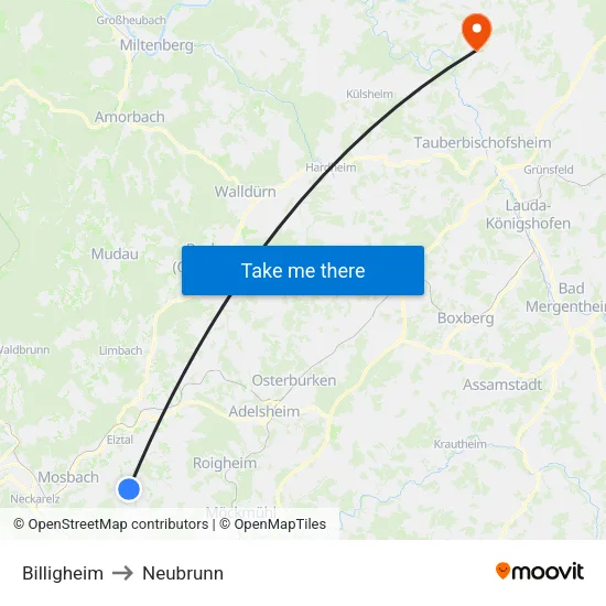 Billigheim to Neubrunn map