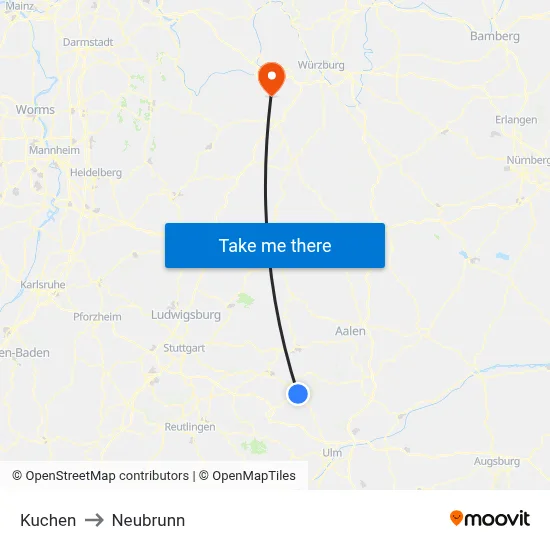 Kuchen to Neubrunn map
