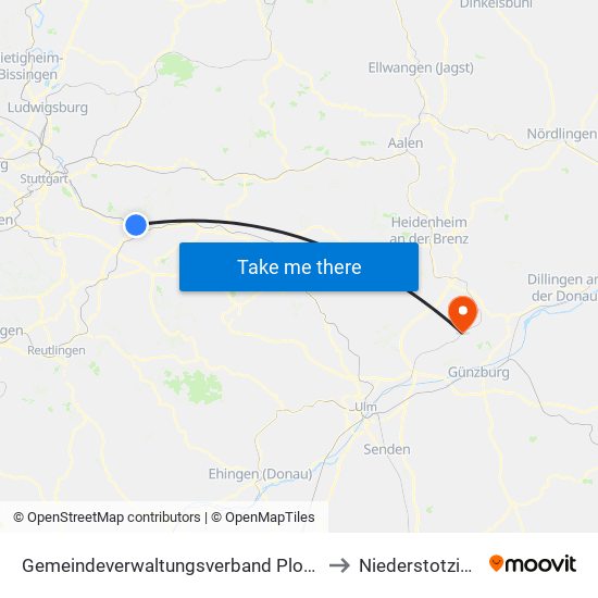 Gemeindeverwaltungsverband Plochingen to Niederstotzingen map