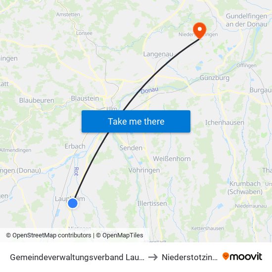 Gemeindeverwaltungsverband Laupheim to Niederstotzingen map