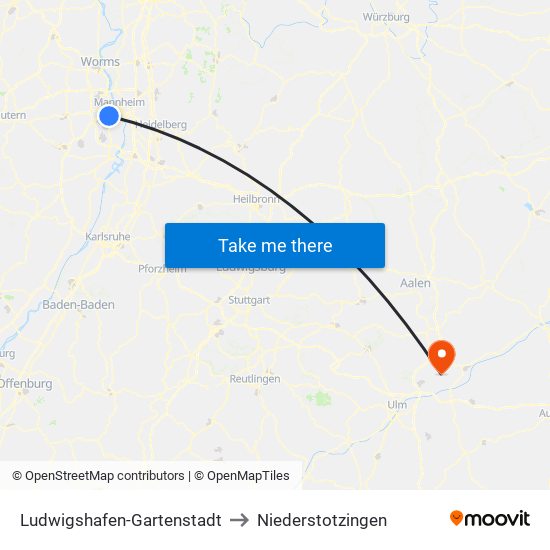 Ludwigshafen-Gartenstadt to Niederstotzingen map