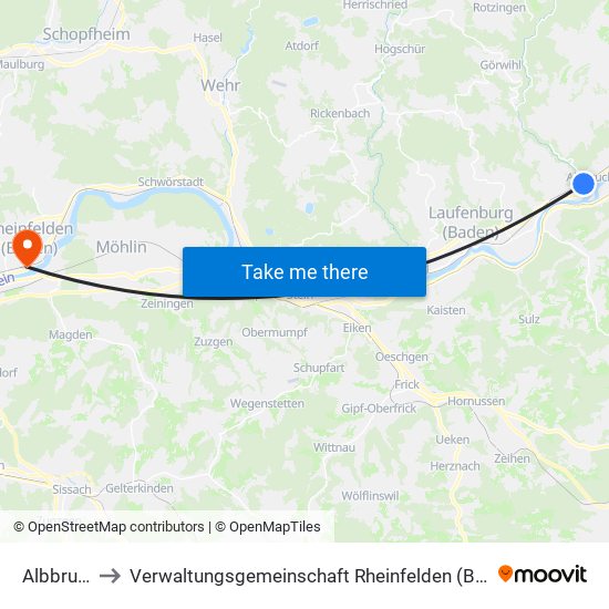 Albbruck to Verwaltungsgemeinschaft Rheinfelden (Baden) map