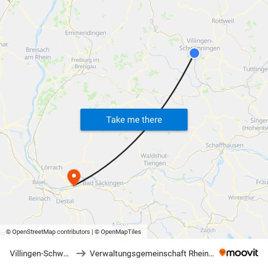 Villingen-Schwenningen to Verwaltungsgemeinschaft Rheinfelden (Baden) map