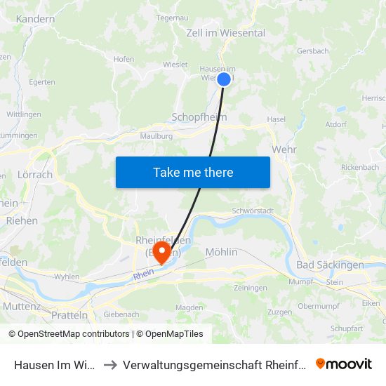 Hausen Im Wiesental to Verwaltungsgemeinschaft Rheinfelden (Baden) map